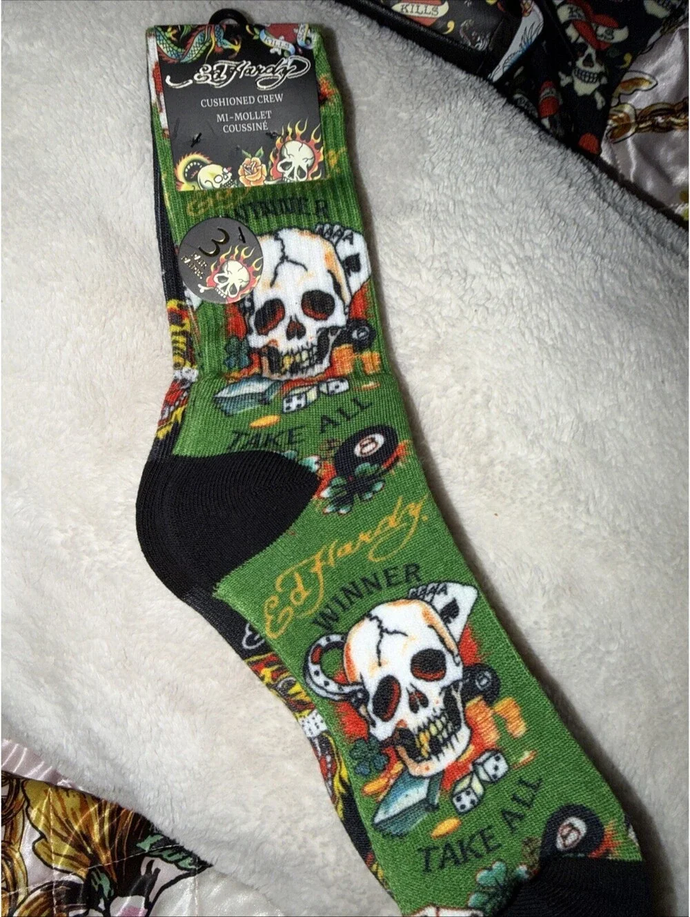 Ed Hardy Gambling Skull Mens 3 Pair Cushioned Crew Socks Green /Black/blue